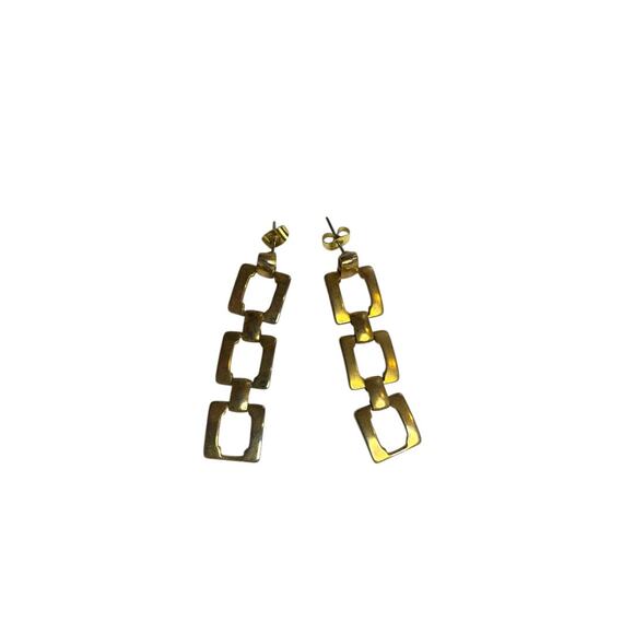 Goldtone Post Pierced Earrings Square Links 2 Inch Drop Dangle - Picture 4 of 6